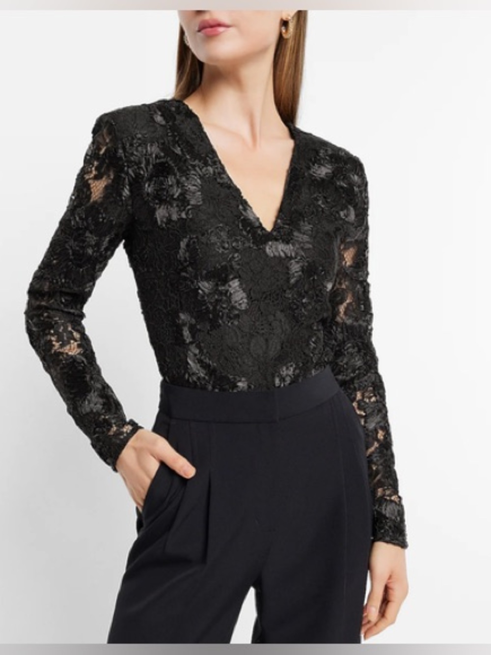 Lace Embroidered V-Neck Long Sleeve Thong Bodysuit